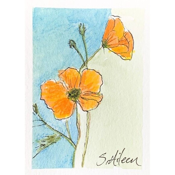 Other - ACEO Painting Watercolor Ink California Poppy Flower Orange Botanical II Signed